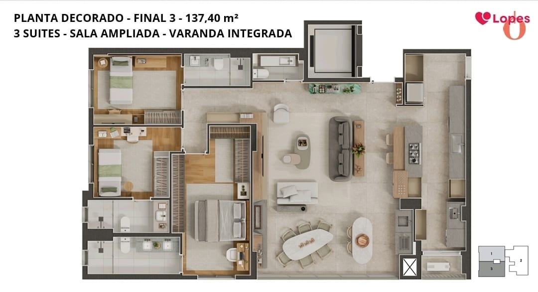 Planta decorado — Final 3 — 137,40 m²: 3 suítes, sala ampliada, varanda integrada