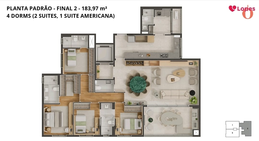 Planta padrão — Final 2 — 183,97 m²: 4 dormitórios (2 suítes, 1 suíte americana)
