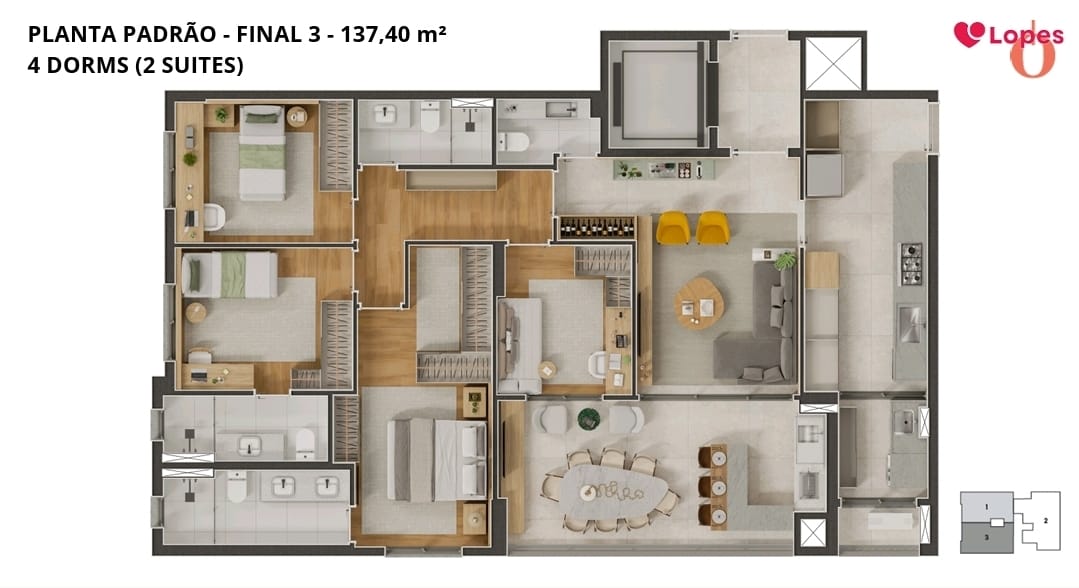 Planta padrão — Final 3 — 137,40 m²: 4 dormitórios (2 suítes)