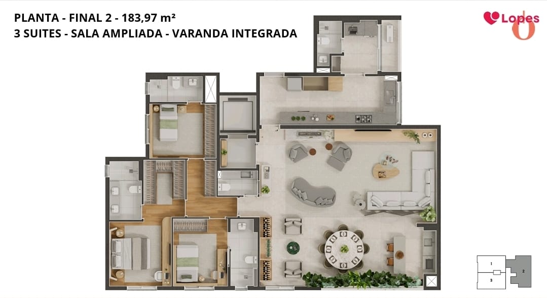 Planta — Final 2 — 183,97 m²: 3 suítes, sala ampliada, varanda integrada